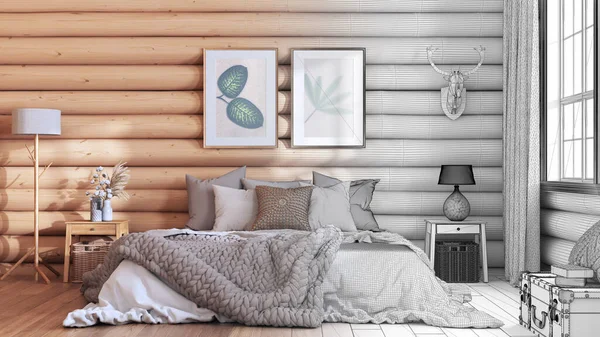 建築家インテリアデザイナーのコンセプト 実際のログキャビンのベッドルームになる手描きの下書き未完成のプロジェクト 毛布と羽毛布団 木製のサイドテーブルとベッド — ストック写真