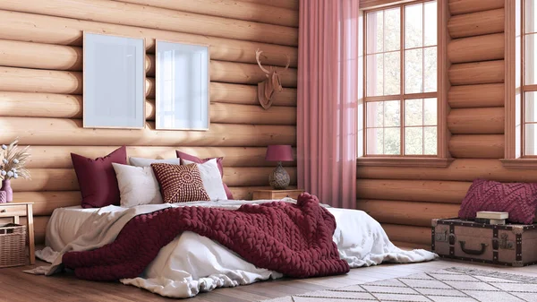 Dormitorio Cabaña Madera Tonos Rojo Beige Cama Doble Con Manta —  Fotos de Stock