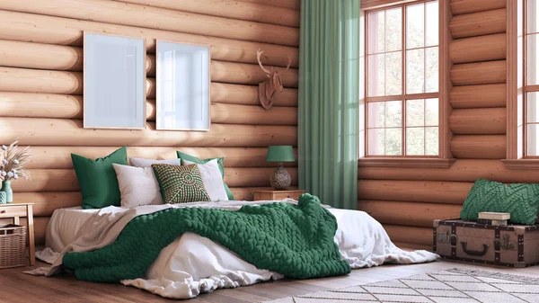 Dormitorio Cabaña Madera Tonos Verdes Beige Cama Doble Con Manta —  Fotos de Stock