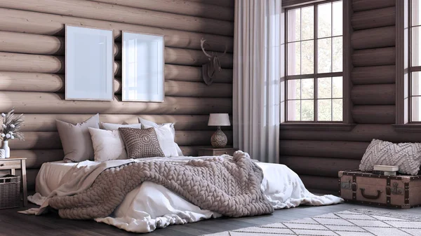 木屋卧房的色调是深色和米黄色的 双人床 毛毯和羽绒被 地毯和花束 框架模型 农舍室内设计 — 图库照片