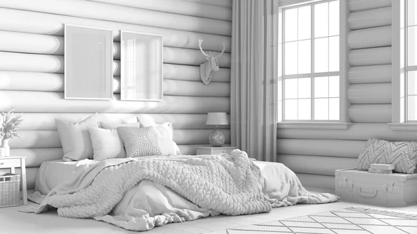 总的白色工程草案 木屋卧房 双人床 毛毯和羽绒被 地毯和花束 框架模型 农舍室内设计 — 图库照片
