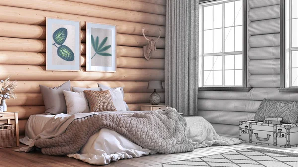 建筑师室内设计理念 手绘草稿 未完成的工程 成为现实 木屋卧房 床与毛毯和羽绒被 地毯和花束 — 图库照片