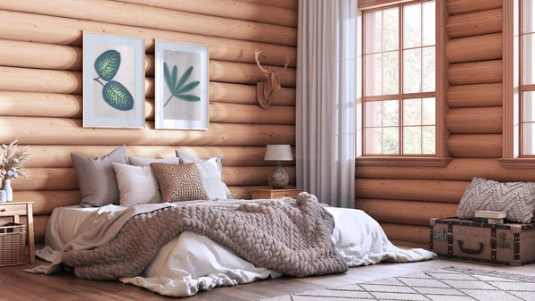 Log Cabine Quarto Tons Branco Bege Cama Casal Com Cobertor — Fotografia de Stock