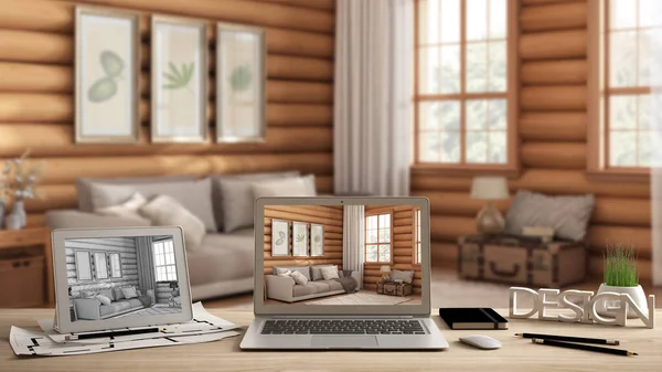 Architect designer desktop concept, laptop and tablet on wooden desk with screen showing interior design project and CAD sketch, draft background, log cabin living room