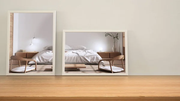 Minimalist Mirrors Wooden Table Desk Shelf Reflecting Interior Design Scene — Stock Photo, Image