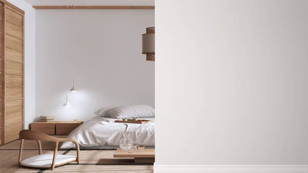 Minimal Japandi Υπνοδωμάτιο Διπλό Κρεβάτι Τοπίο Ένα Μπροστινό Τοίχο Εσωτερική — Φωτογραφία Αρχείου