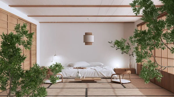 Green summer or spring leaves, tree branch over interior design scene. Natural ecology concept idea. Japandi bedroom with double bed. Minimalist interior design