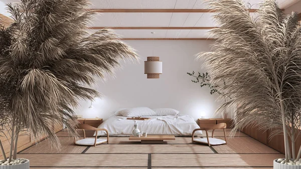 盆栽的稻草 有鹅卵石 干植物 装饰品 花瓶中的分枝在简约的日本卧室 现代简约的室内设计 — 图库照片