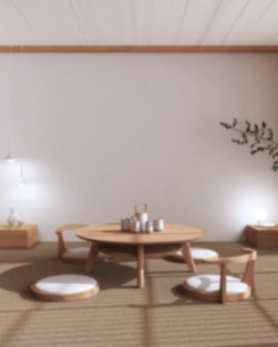 Geçmişi bulanık, minimalist çay seremonisi odası Japon tarzı. Masa ve sandalyeler, tatami paspaslar. Japandi iç tasarımı