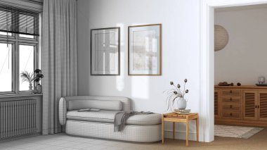 Mimari iç mimar konsepti: Halı döşemeli ve kumaş koltuklu gerçek, zarif bir oturma odası haline gelen el yapımı tamamlanmamış proje. Minimalist klasik