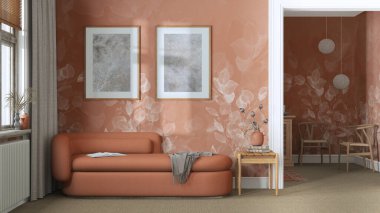 Klasik, turuncu ve bej tonlarda, halı döşemeli, duvar kâğıdı ve kumaş koltuklu minimal oturma odası. Zarif bir iç tasarım.