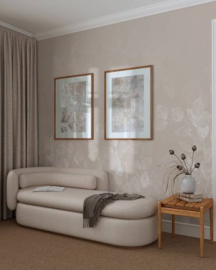 Beyaz ve bej tonlarda, duvar kağıdı, halı döşemeli ve kumaş koltuklu zarif bir oturma odası. Japandi klasik iç tasarım