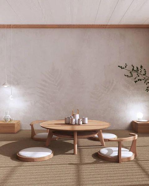Minimalist Tea ceremony room mock up in white and beige tones, japanese style. Table and chairs, tatami mats. Japandi interior design