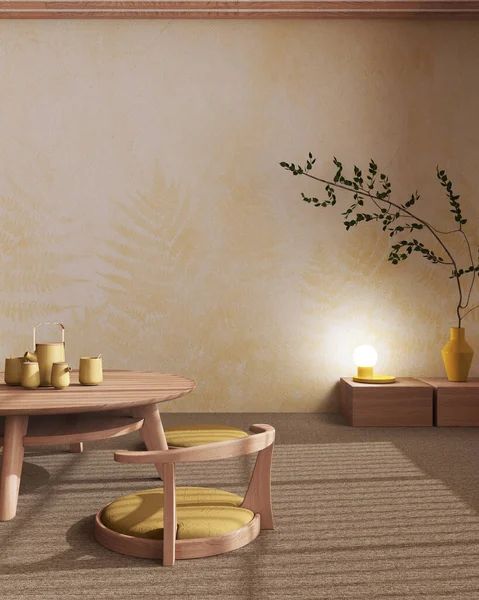 Japandi Tea ceremony room mock up in yellow and beige tones, japanese style. Table and chairs, tatami mats. Japanese minimalist interior design