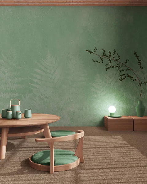 Japandi Tea ceremony room mock up in green and beige tones, japanese style. Table and chairs, tatami mats. Japanese minimalist interior design