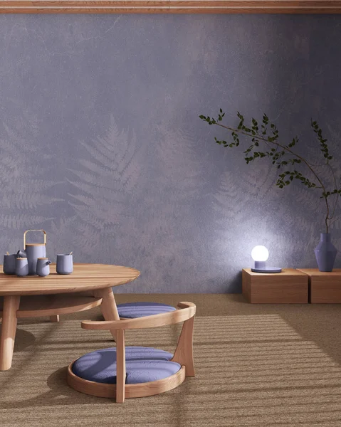 Japandi Tea ceremony room mock up in purple and beige tones, japanese style. Table and chairs, tatami mats. Japanese minimalist interior design
