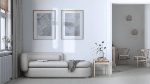 Classic Minimal Living Room White Beige Tones Carpeted Floor Fabric — Stock Photo, Image
