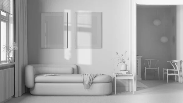 Celkový Bílý Projektový Návrh Klasický Minimální Obývací Pokoj Kobercem Tapetou — Stock fotografie