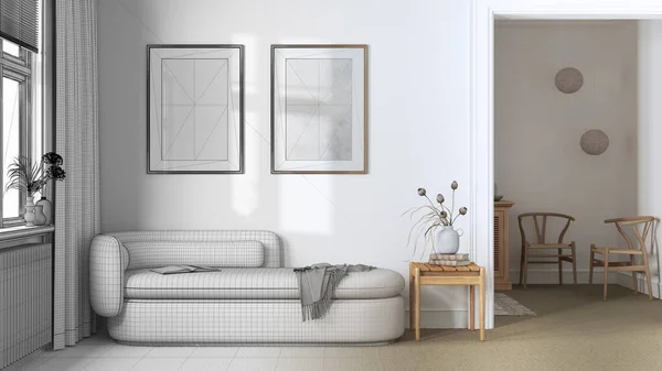 인테리어 디자이너 손으로 미완성 프로젝트는 소파가 실제적 전형적 최소한의 거실이 — 스톡 사진