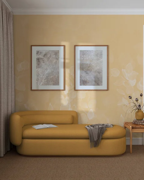 Elegancki Salon Odcieniach Żółtego Beżowego Przodu Tapety Wykładziny Podłogowe Sofa — Zdjęcie stockowe