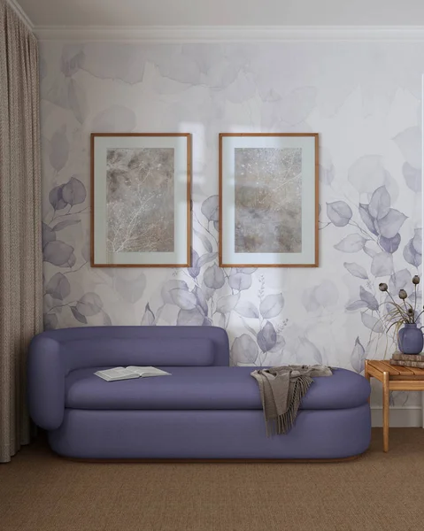 Elegancki Salon Odcieniach Fioletu Beżu Widok Przodu Tapety Wykładziny Podłogowe — Zdjęcie stockowe