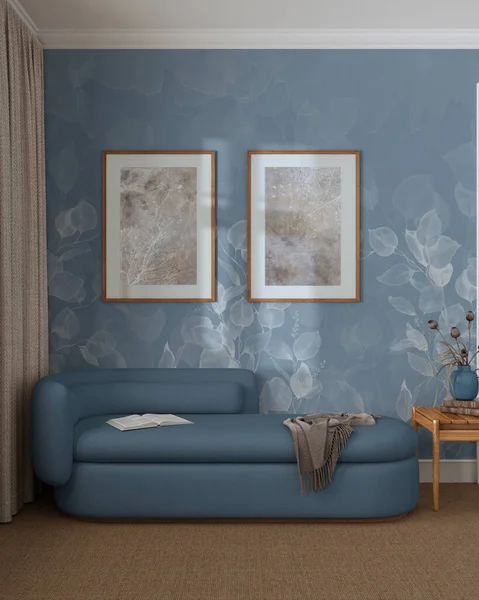 Elegancki Salon Odcieniach Niebieskiego Beżowego Przodu Tapety Wykładziny Podłogowe Sofa — Zdjęcie stockowe