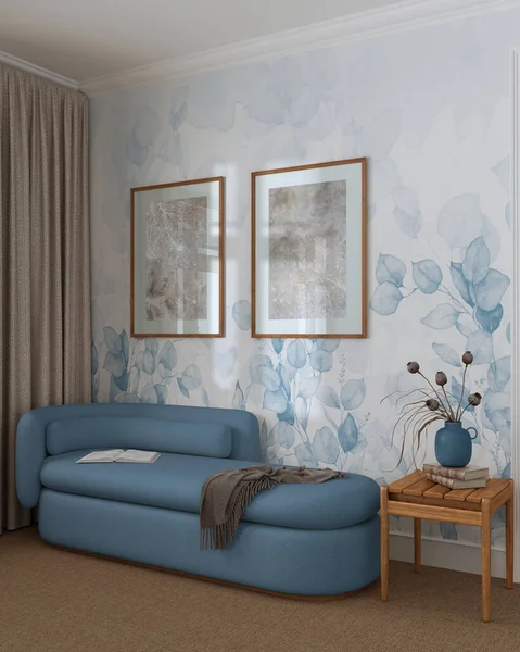 Elegant living room in blue and beige tones with wallpaper, carpeted floor and fabric sofa. Japandi classic interior design