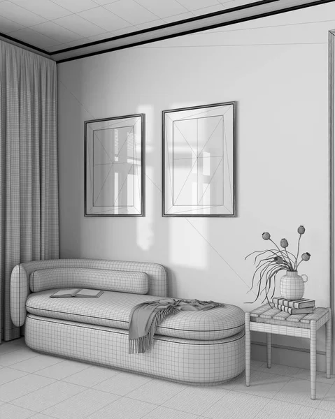 Nedokončený Návrh Projektu Elegantní Obývací Pokoj Tapetou Kobercem Látkovou Pohovkou — Stock fotografie