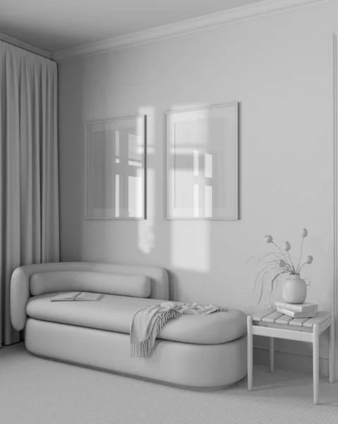Całkowity Biały Projekt Projektu Elegancki Salon Tapetą Podłogą Dywanową Sofą — Zdjęcie stockowe