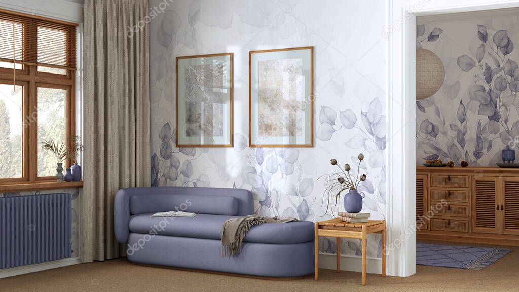 Elegant living room in violet and beige tones with carpeted floor, wallpaper and fabric sofa. Minimalist classic interior design