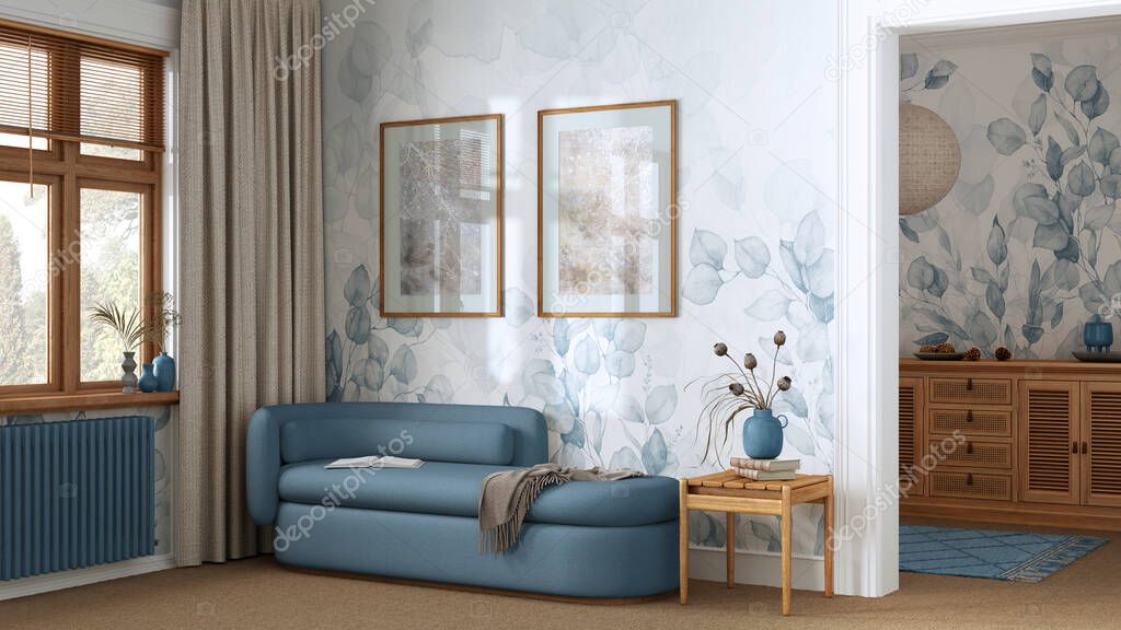 Elegant living room in blue and beige tones with carpeted floor, wallpaper and fabric sofa. Minimalist classic interior design