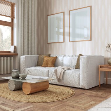 Oturma odası çerçeve modeli, beyaz ve bej renkte çiftlik evi boho tarzı. Çağdaş duvar kağıdı, kanepe ve dekorlar. Moda iç tasarımı