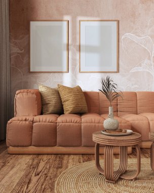 Çerçeve modeli, çiftlik evi oturma odası turuncu ve bej tonlarında. Parke ve rattan mobilyalar, kanepe, duvar kağıdı. Eski iç tasarım