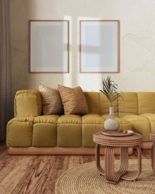 Çerçeve modeli, çiftlik evi oturma odası sarı ve bej tonlarında. Parke ve rattan mobilyalar, kanepe, duvar kağıdı. Eski iç tasarım