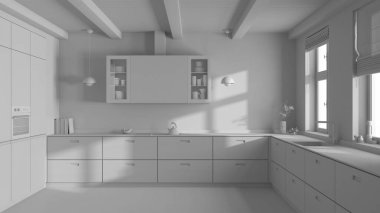 Tamamen beyaz proje taslağı, minimalist ahşap mutfak. Parke zemin ve kirişler tavan. Japandi iç tasarımı