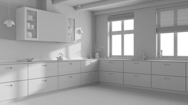 Tamamen beyaz proje taslağı, ahşap mutfak. Minimalist ve temiz stil. Parke zemin ve kirişler tavan. Japandi iç tasarımı