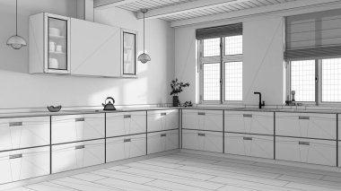 Tamamlanmamış proje taslağı, ahşap mutfak. Minimalist ve temiz stil. Parke zemin ve kirişler tavan. Japandi iç tasarımı