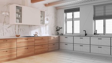 Mimari iç mimar konsepti: elle çizilmiş tamamlanmamış proje gerçek, ahşap mutfak haline geliyor. Minimalist ve temiz Japon tarzı.