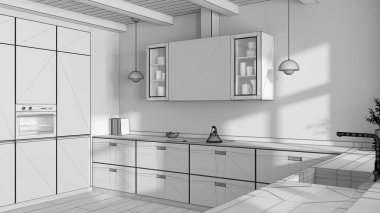 Tamamlanmamış proje taslağı, aletleri olan minimalist ahşap mutfak. Parke zemin ve kirişler tavan. Japandi iç tasarımı