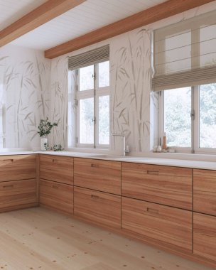 Minimalist Japon ahşap mutfak beyaz tonlarda. Parke zemin, kirişler tavan ve bambu duvar kağıdı. Çiftlik evi iç tasarımı