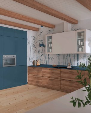 Minimalist ahşap mutfak, beyaz ve mavi tonlarda. Dolaplar ve aletler. Parke zemin, kirişler tavan ve bambu duvar kağıdı. Japandi iç tasarımı