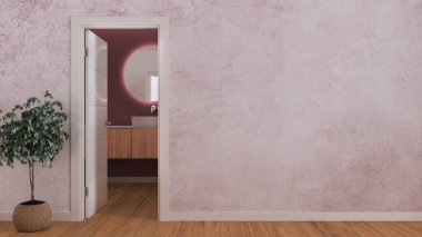 Modern banyoda lavabosu olan bir kapı aç, fotokopi çektir. Parke zemini ve kırmızı duvar kağıdı olan boş bir oda. Minimalist iç tasarım