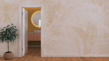 Modern banyoda lavabosu olan bir kapı aç, fotokopi çektir. Parke zemini ve sarı duvar kağıdı olan boş bir oda. Minimalist iç tasarım