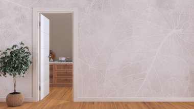 Ahşap ahşap ahşap mutfağın kapısını gaz hobisiyle aç, fotokopi aletiyle taklit et. Parke zemin ve bej duvar kağıtlı boş bir oda. Minimalist iç tasarım