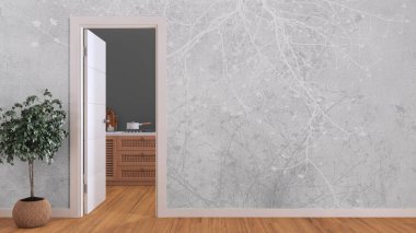 Ahşap ahşap ahşap mutfağın kapısını gaz hobisiyle aç, fotokopi aletiyle taklit et. Parke zemini ve gri duvar kağıdı olan boş bir oda. Minimalist iç tasarım