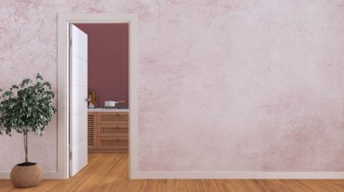 Ahşap ahşap ahşap mutfağın kapısını gaz hobisiyle aç, fotokopi aletiyle taklit et. Parke zemini ve kırmızı duvar kağıdı olan boş bir oda. Minimalist iç tasarım