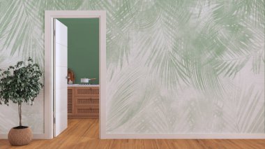 Ahşap ahşap ahşap mutfağın kapısını gaz hobisiyle aç, fotokopi aletiyle taklit et. Parke zemini ve yeşil duvar kağıdı olan boş bir oda. Minimalist iç tasarım