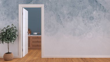 Ahşap ahşap ahşap mutfağın kapısını gaz hobisiyle aç, fotokopi aletiyle taklit et. Parke zemini ve mavi duvar kağıdı olan boş bir oda. Minimalist iç tasarım