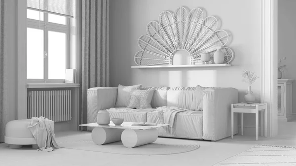 Total White Project Draft Bohemian Wooden Living Room Sofa Jute — Stock Photo, Image