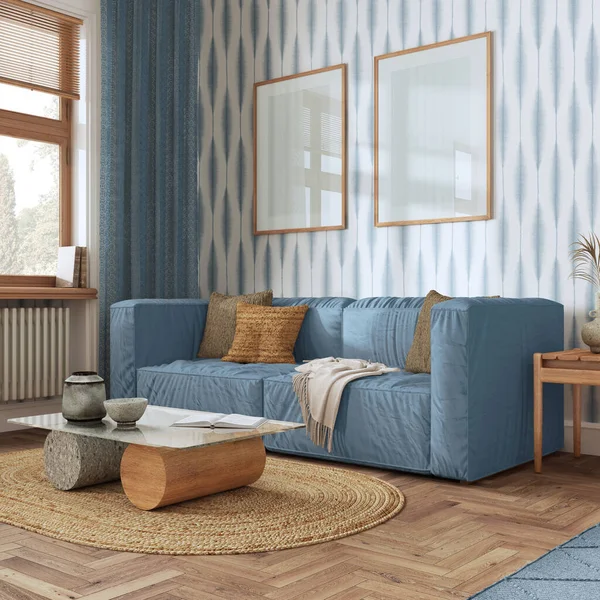 Living room frame mock-up, farmhouse boho style in blue and beige tones. Contemporary wallpaper, sofa and decors. Trendy interior design